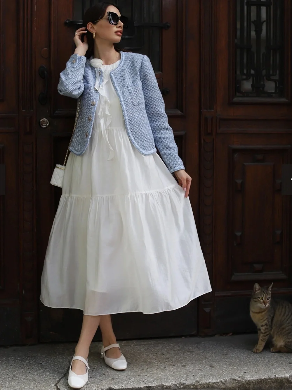 GOELIA Blue White Jacquard Tweed Jacket Sz XL Gold Button Cropped Bouclé Blazer - Picture 9 of 16